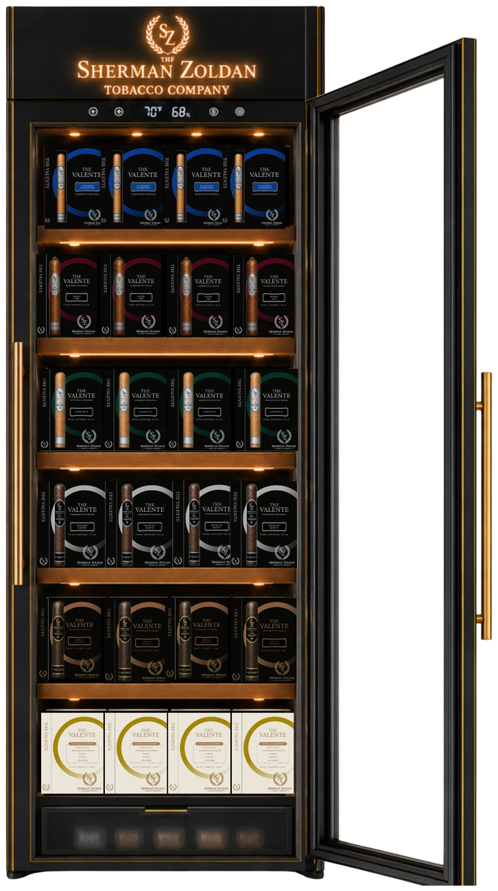 The Sherman Zoldan retail humidor cabinet, stocked with The Valente Collection